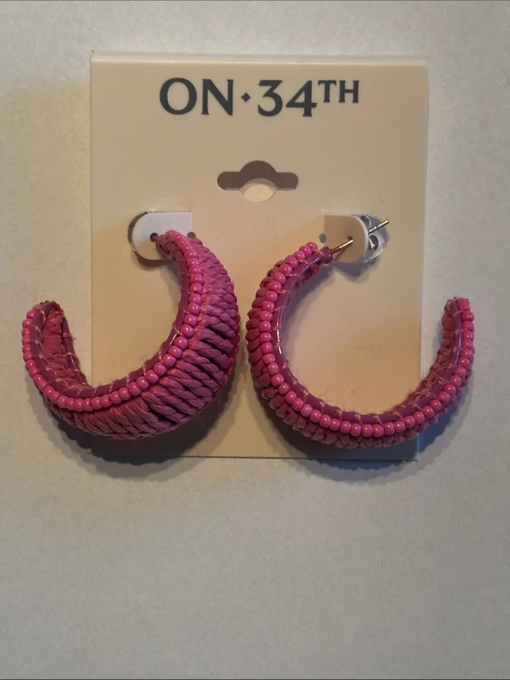 On 34th Seed Bead & Raffia C-Hoop Earrings in Pink